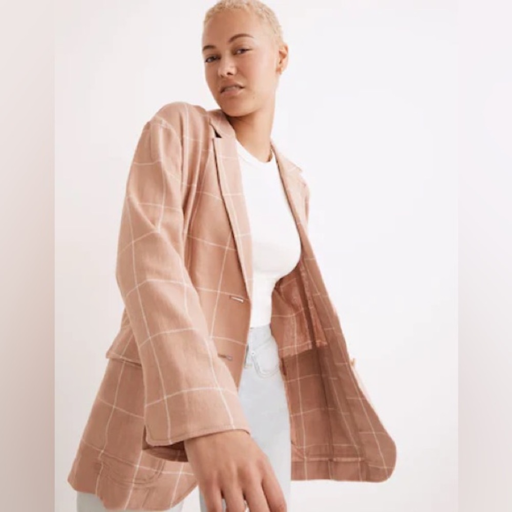 Madewell Larsen Pink Plaid Linen Blend Blazer Windowpane Size S